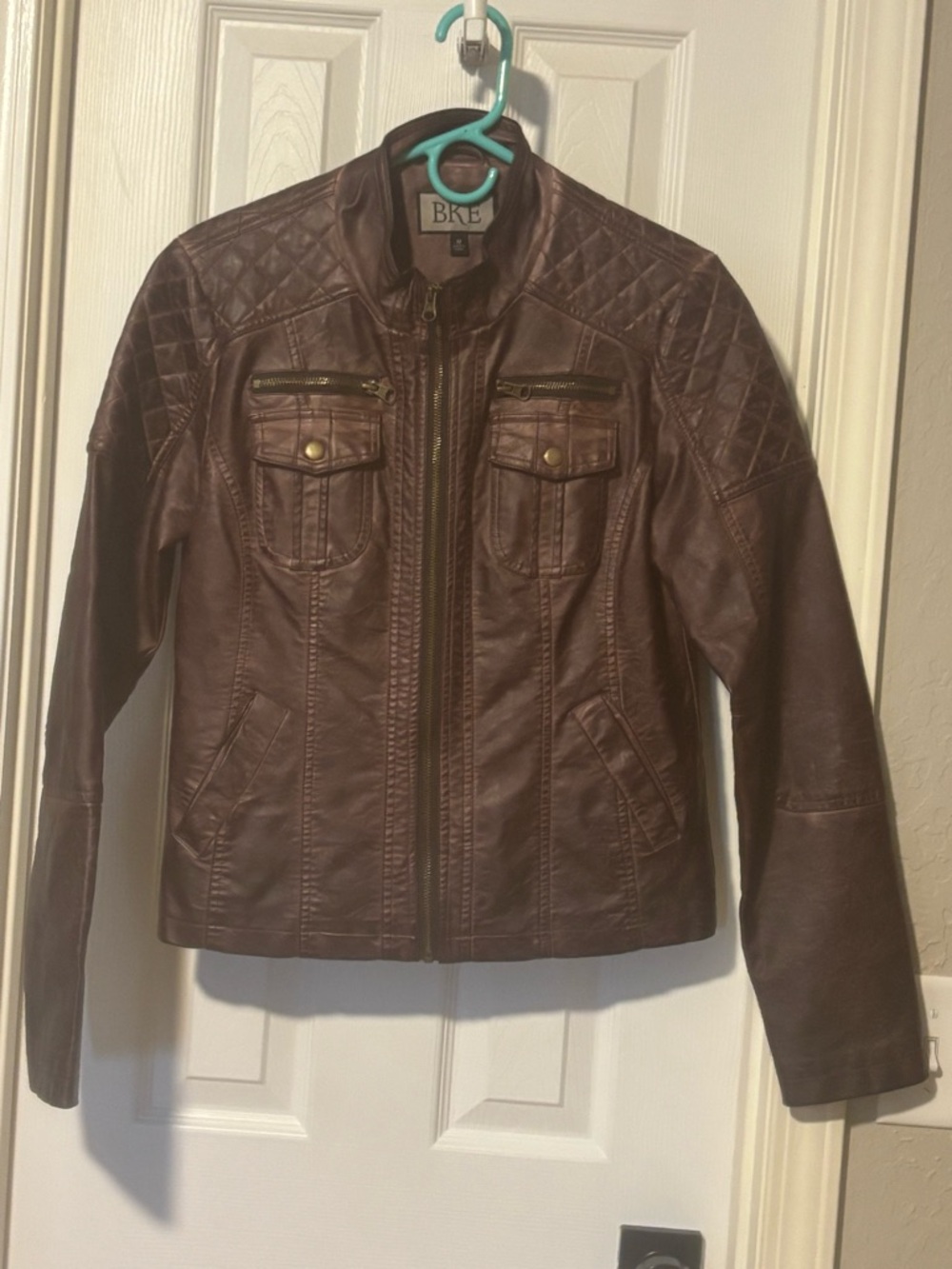 BKE Quilted Faux Leather Moto Jacket - Brown